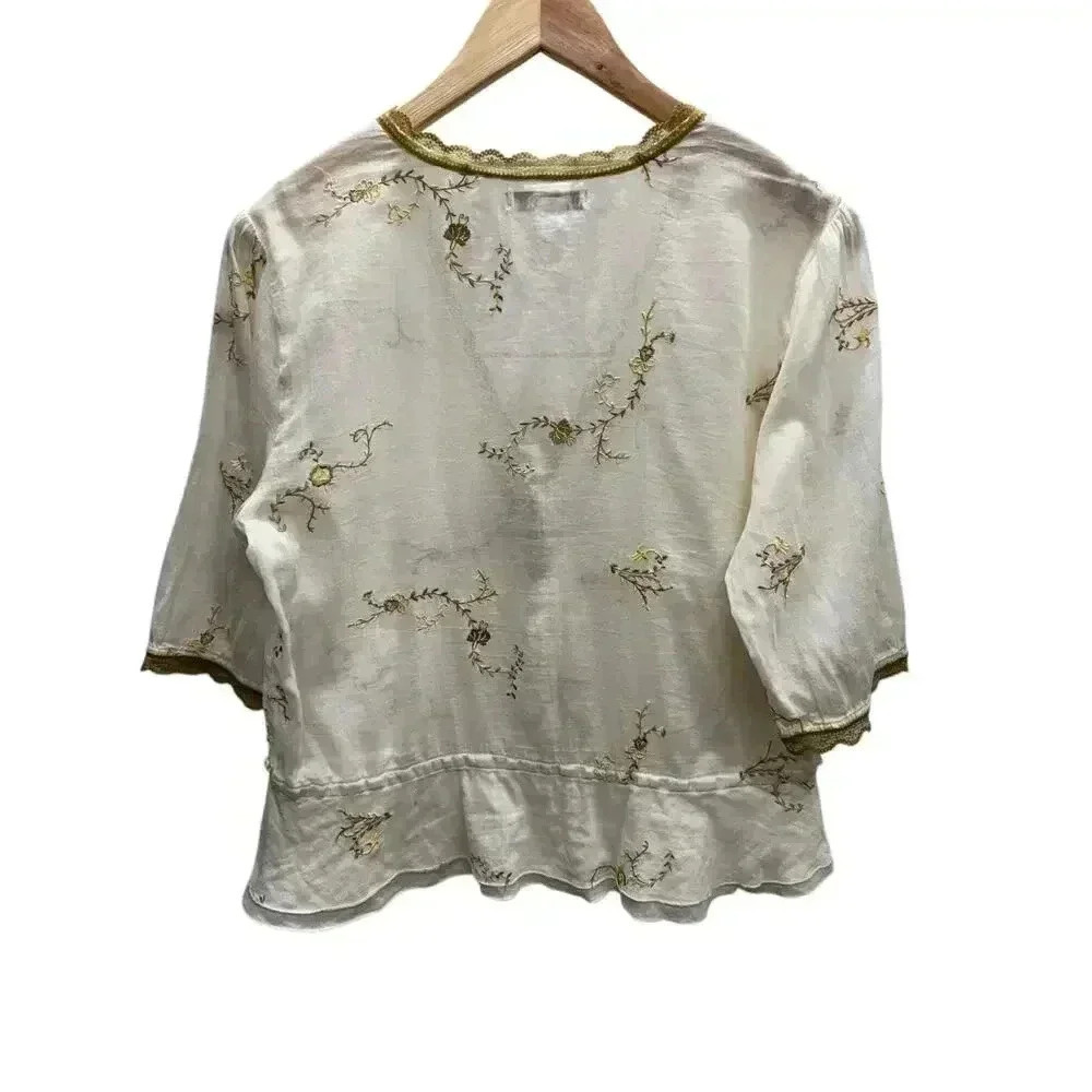 Feminine Light Cotton Deep V Short Sleeve Embroidered Button Closure Scalloped - Picture 9 of 15